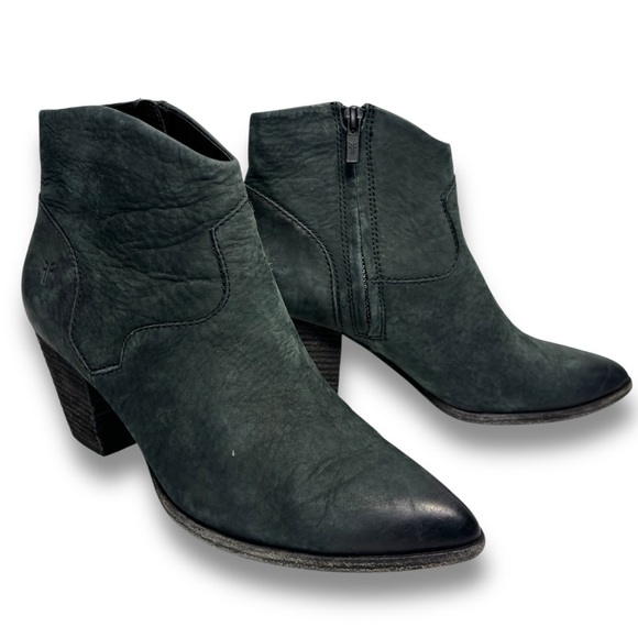 Frye Black Nubuck Leather Stacked Heel Reed Western Booties Size 8.5 - Picture 1 of 11